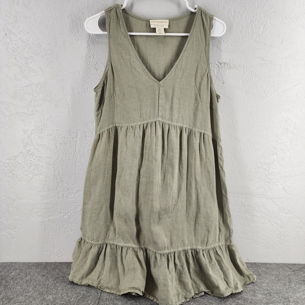 Cynthia Rowley Sage Green 100% Linen Sleeveless Tiered Ruffle Mini Dress Medium